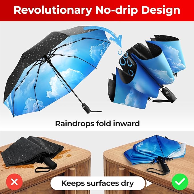 TUMELLA Flip-proof Inverted Travel Umbrella, Small Strong but Light Portable and Automatic Reverse Folding Rain Umbrella, Durable Premium Grip, Fits Car & Backpack