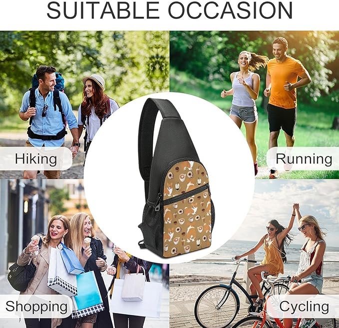 SWEET TANG Men's Crossbody Bags, Casual Daypacks Shiba Inu Coffee Print Dog And Coffees for Cycling and Travel, Fashion Sling Shoulder Backpack Square Rucksack with Small Pocket for Key Purse