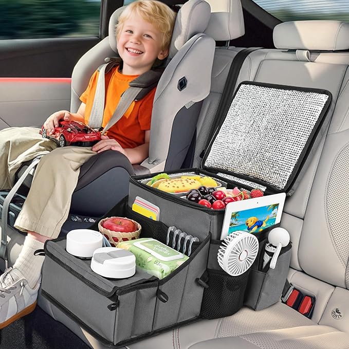 COOLBEBE Car Seat Organizer, Backseat Car Organizer with Cup Holders for Kids and Adults Travel, Cooler Compartment Passenger Seat Organizer Storage Box for Front or Middle Seat, Grey