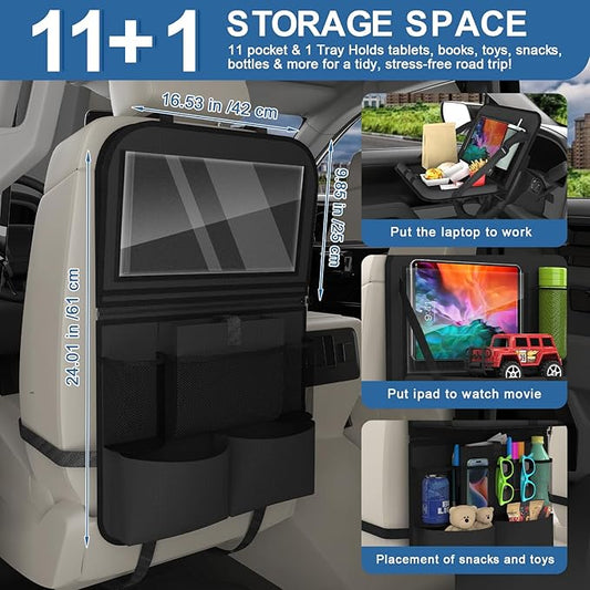 Car Backseat Organizer with Detachable Steering Wheel Tray, 11-Pockets Storage & Tablet Holder, Kids Kick Mats Protector - Travel Accessories (1-Pack)