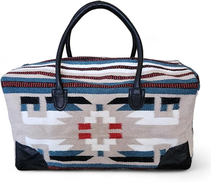 Aztec Large Weekender Southwestern Duffel Bag Saddle Blanket Bag 100% Leather Handles (Sahara)