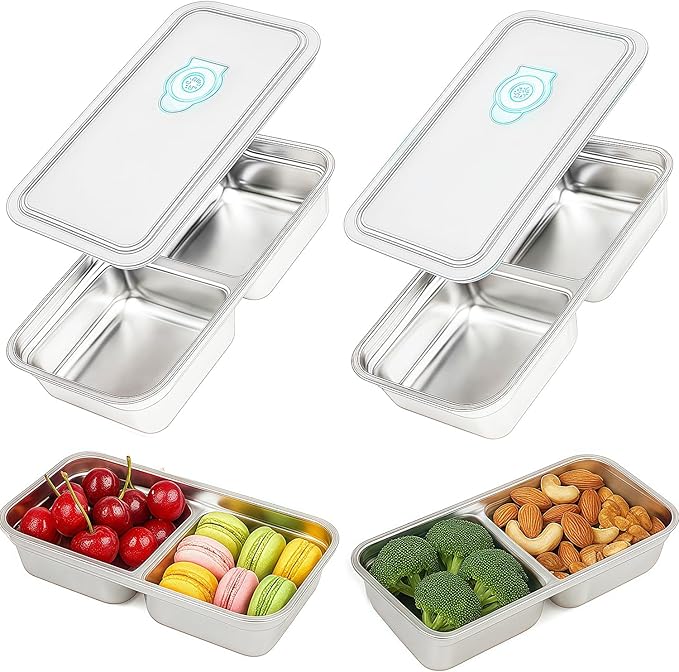 BSTUR 2Pcs 304 Stainless Steel Snack Containers, 30 oz 2 Compartments Portable Food Storage Bento Boxes with Leakproof Lids, Divided Meal Prep Lunch Box Food Container Dishwasher Safe