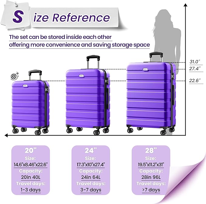 AnyZip Luggage Sets 3 Piece Hardshell Suitcase Set PC ABS Lightweight Travel Suitcases with 4 Double Spinner Wheels TSA Lock 20 24 28 Inch Violet Purple