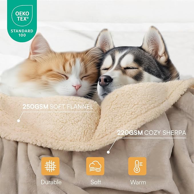 Waterproof Pet Blanket, Liquid Pee Proof Dog Blanket for Sofa Bed Couch, Reversible Sherpa Fleece Furniture Protector Cover for Small Medium Large Dogs Cats, Grey Beige Large（65" x 57"）