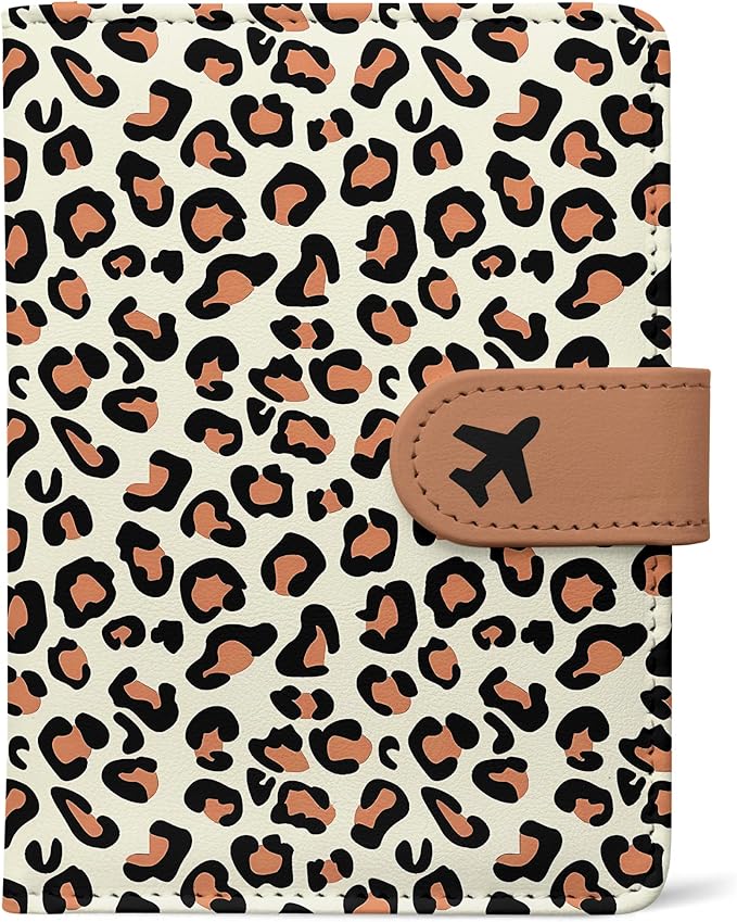 Passport Holder, Travel Wallet Cover with Pen Loop | Cute RFID Blocking Leather Case with Magnetic Closure for Travel Essentials-Leopard