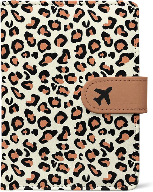 Passport Holder, Travel Wallet Cover with Pen Loop | Cute RFID Blocking Leather Case with Magnetic Closure for Travel Essentials-Leopard