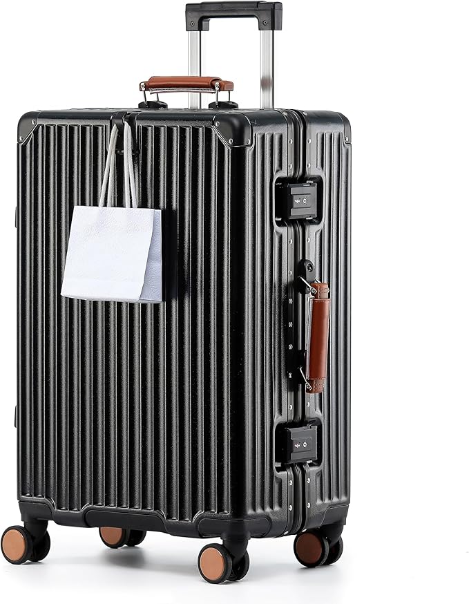 26 Inch Hardside Checked Luggage with Leather Handle, PC Zipperless Suitcase with Spinner Wheels and TSA Locks, Lightweight Checked Luggage for Travel, Black