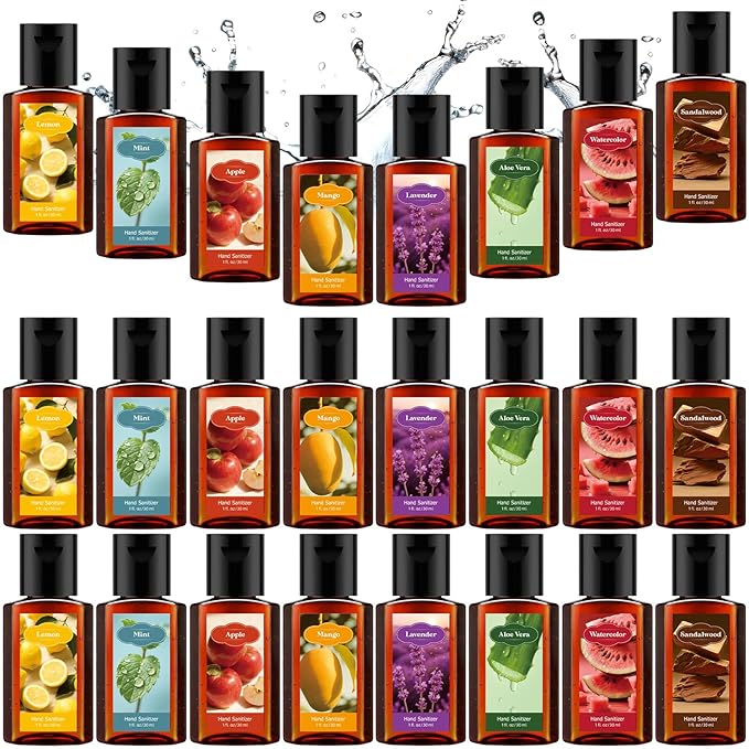 Frienda 24 Pcs Mini Hand Sanitizers Bulk Travel Size Scented Hand Sanitizers 1 Fl oz Brown Bottle Assorted Scents Staff Appreciation Gifts Bulk for Christmas Birthday Employee Friend Teacher Gifts