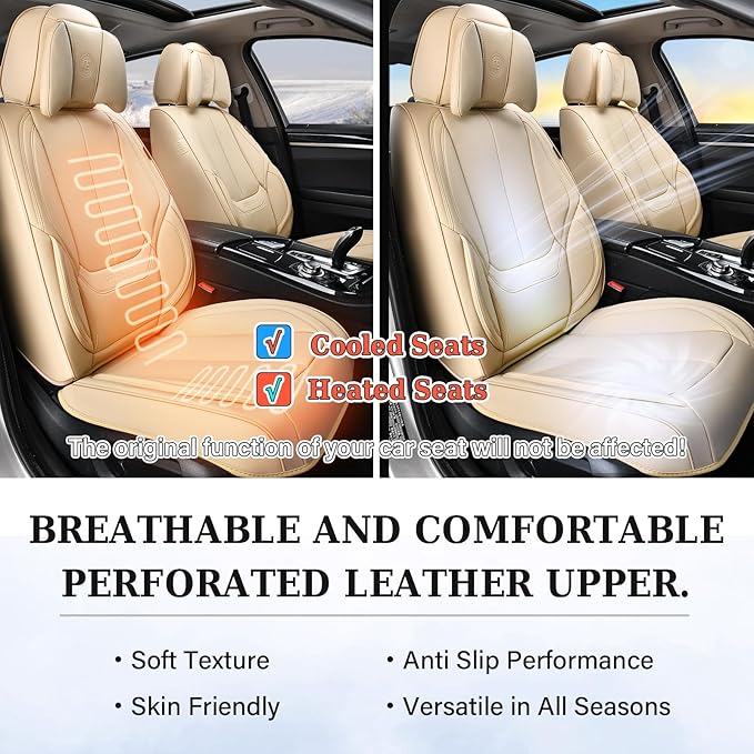 Coverado Universal Seat Covers Full Set, 5 Seats Universal Seat Covers for Cars, Waterproof NAPPA Leather Car Seat Covers with Head Pillow, Auto Protectors Fit for Most Sedans SUV Pick-up Truck, Beige