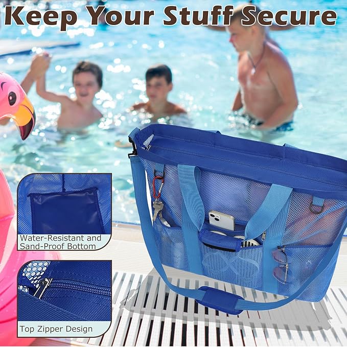 Mesh Beach Bag, Large Beach Tote with Zipper Pocket for Family Pool Bag for Toys & Vacation Essentials