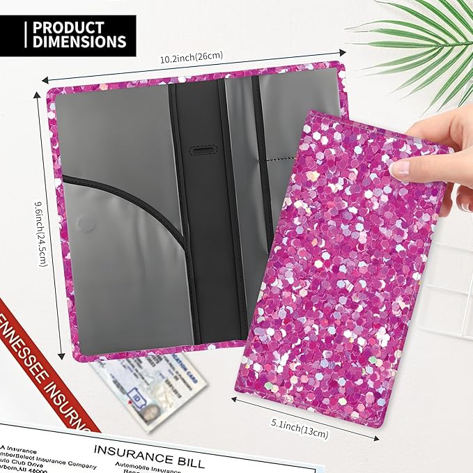 Leather Car Registration and Insurance Card Holder, Cute Car Accessories Vehicle Glove Box Car Organizer for Documents, Cards, License Glitter Purple Pattern