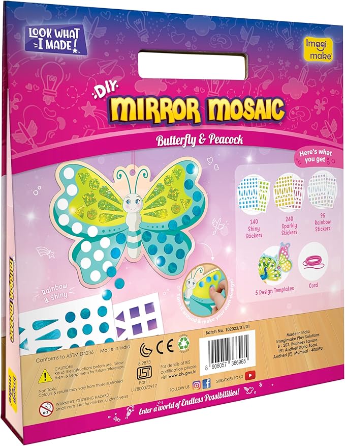 Imagimake Mirror Mosaic Butterfly & Peacock Kids Art Set | DIY Craft Kit | Foil Stickers for Girls | Crative Mosaic Kit | Christmas Activities for Kids | Christmas Gifts for Girls & Boys Ages 3-5-8-10