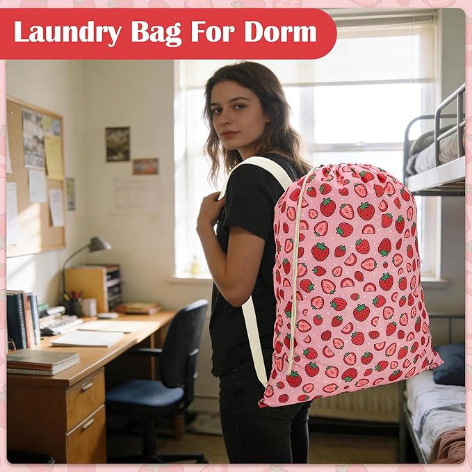 Canvas Laundry Bag with shoulder Strap 24" x 29", Large Drawstring Dirty Clothes Bag Washable Laundry Sack for College Dorm, Travel, Home, Camp (Strawberry)