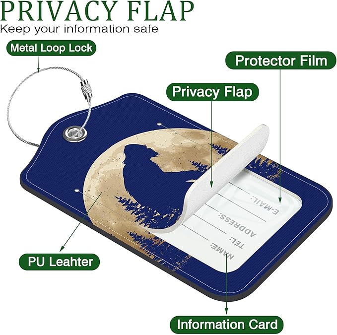 2 Pack Luggage Tag for Suitcase Black Sasquatch Leather Suitcase Tags with Privacy Name ID Label and Stainless Steel Loop for Travel Bag