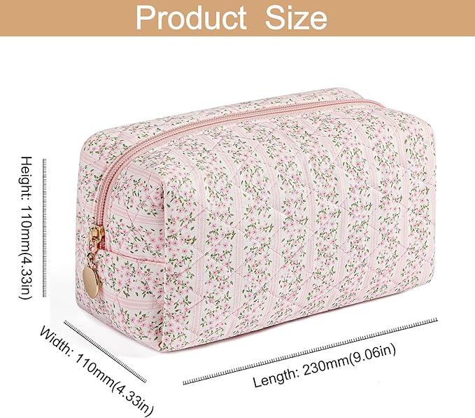 Makeup Bag Travel Cosmetic Bag for Women Girls, Zipper Make Up Pouch, Floral Flowers Toiletry Organizer Makeup, Portable Storage Cosmetic Travel Cloth Bag (2 Pack (L+S)/Pink Floral)