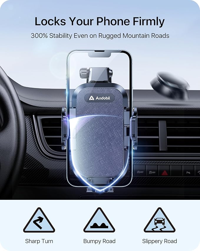 andobil Car Phone Holder Mount (Strong Suction&Bumpy Road Stable) Phone Holders for Your Car, Cell Phone Car Mount for Windshield Dash Vent Truck Cradle Stand for iPhone 17 16 15 14 Pro Max, Blue
