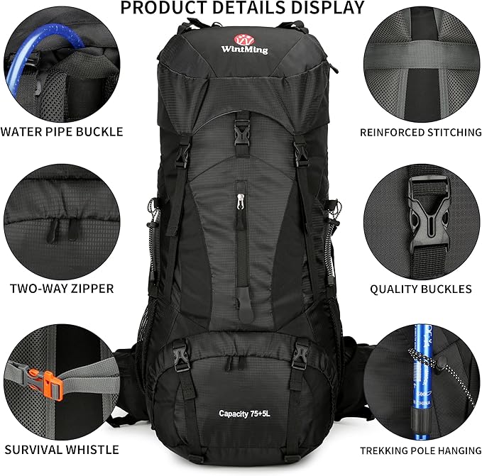 75L Hiking Backpack with Rain Cover Waterproof Camping Backpack Shoes Warehouse for Men Women, Frameless