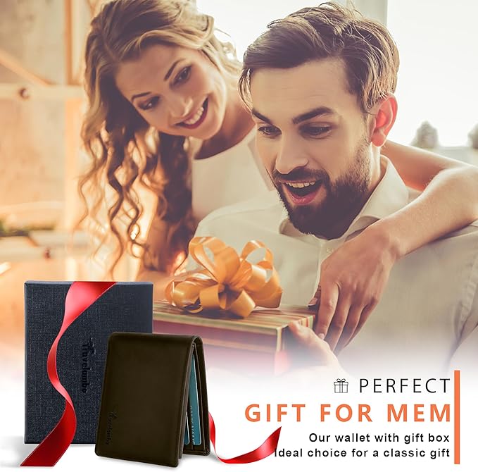 Travelambo Genuine Leather Wallet for Men with Gift Box - Handmade Bifold Stylish - Mens Wallets Rfid Blocking with 2 ID Windows