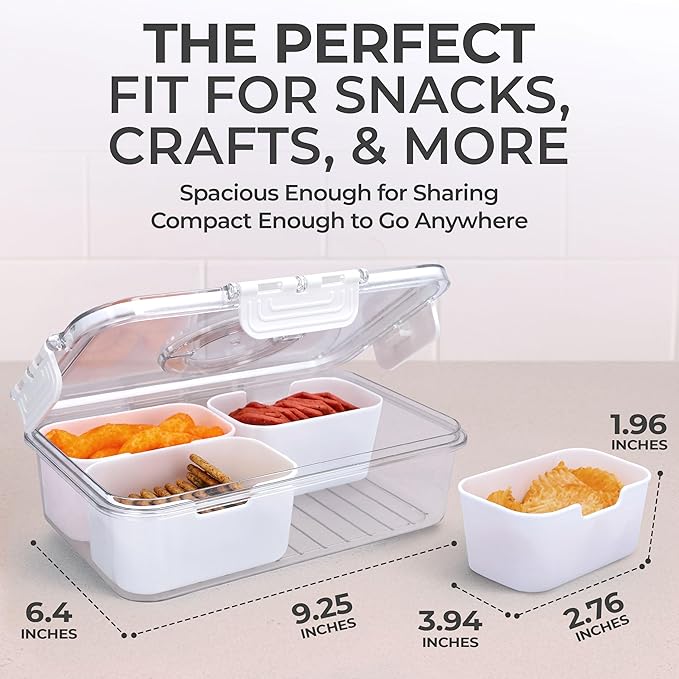 Snackle Box Container with Lid- Travel Charcuterie Box with Handle - Organizer for Candy, Fruit, Nuts, Veggies, Snacks, Beach Essentials, Portable Lunch Box (Bright White, Small)