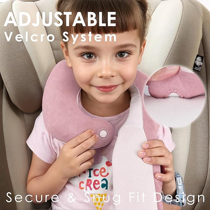 Kids Travel Neck Pillow, Comfortable Head & Chin Support for Car seat & Airplane, Toddler Pillow for Sleeping on Road Trip, Gifts for Child (Pink & Beige)