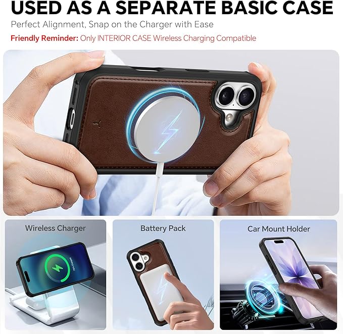 TUCCH 2-in-1 Detachable Wallet Case for iPhone 17 (6.3-inch) 2025, Wireless Charging | RFID Blocking 4 Card Holders | Wrist Strap | Kickstand | Magnetic | PU Leather Folio Cover | Chocolate Brown