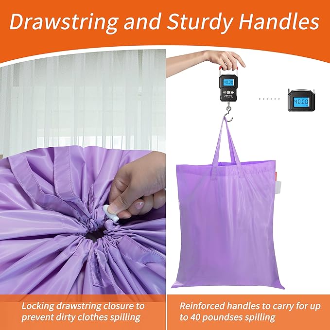 Polecasa Small Heavy Duty Laundry Bag with 130gsm Tear Resistant Fabric and Handles, Easy to Carry Durable Dirty Clothes Drawstring Bag, Perfect for College Dorm, Travel, 2 Pack 21”x24”,Purple