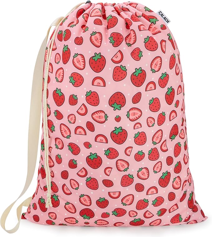 Canvas Laundry Bag with shoulder Strap 24" x 29", Large Drawstring Dirty Clothes Bag Washable Laundry Sack for College Dorm, Travel, Home, Camp (Strawberry)