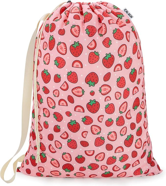 Canvas Laundry Bag with shoulder Strap 24" x 29", Large Drawstring Dirty Clothes Bag Washable Laundry Sack for College Dorm, Travel, Home, Camp (Strawberry)