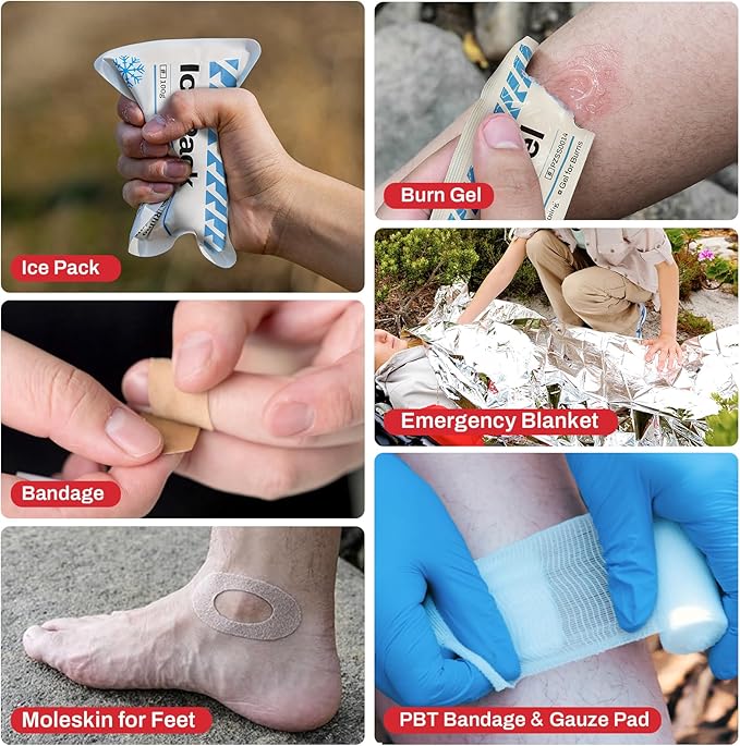 RHINO RESCUE EVA First Aid Kit, Small Waterproof Emergency Hiking First Aid Kit for Backpacking, Medical Kit for Travel, Home, Car, College Dorm Room, Camping, Boat, Back to School (Red)