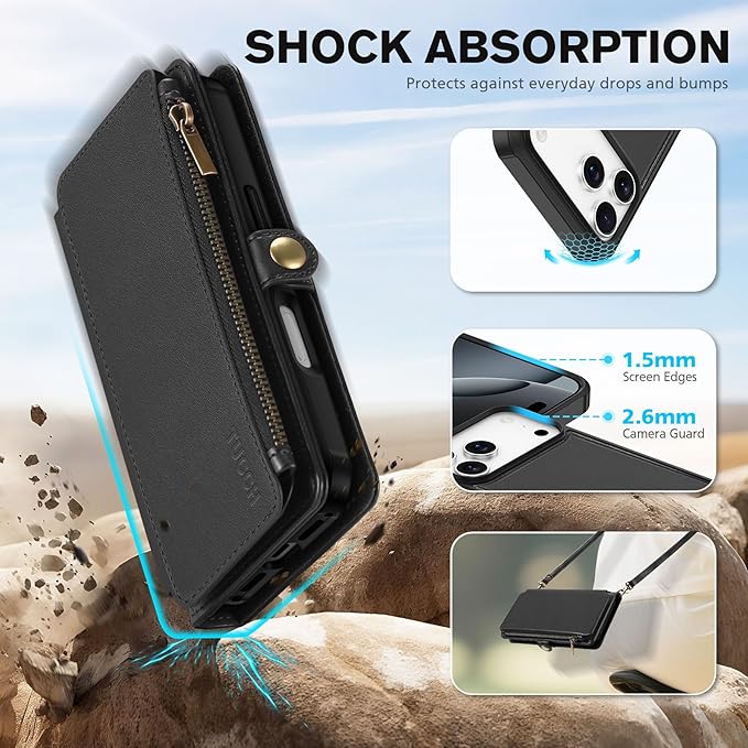 TUCCH Crossbody Detachable Wallet Case for iPhone 17 Pro Max 6.9" 2025, 10 Card Slots RFID Blocking | Wireless Charging | Wrist Strap | Lanyard | Stand | Zipper Pocket | PU Leather Phone Cover | Black