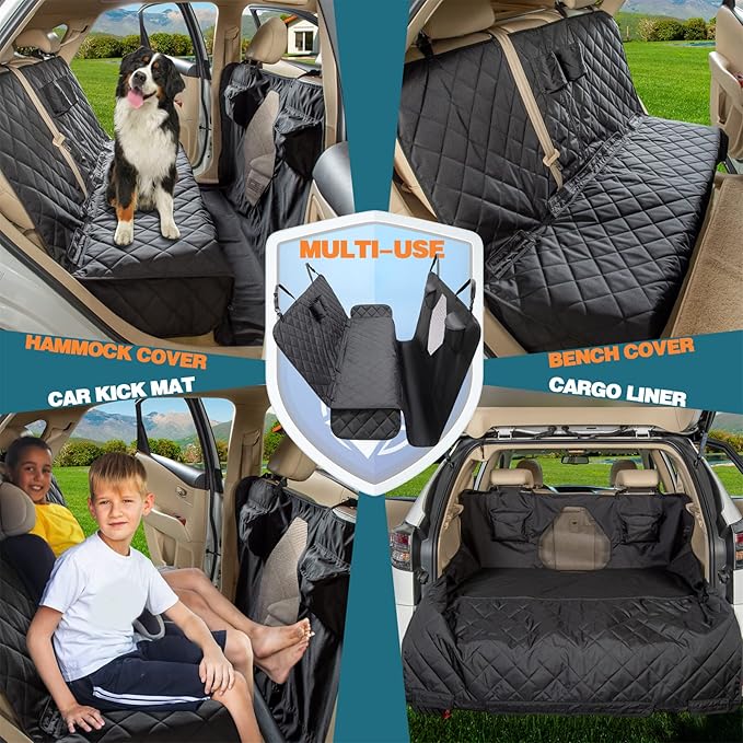 Car Seat Cover for Dogs All Covered Back Seat Cover with Mesh Window, Bench and Hammock Seat Cover Combination Detachable Pet Seat Cover Suitable for Most Vehicles (Black, Standard)