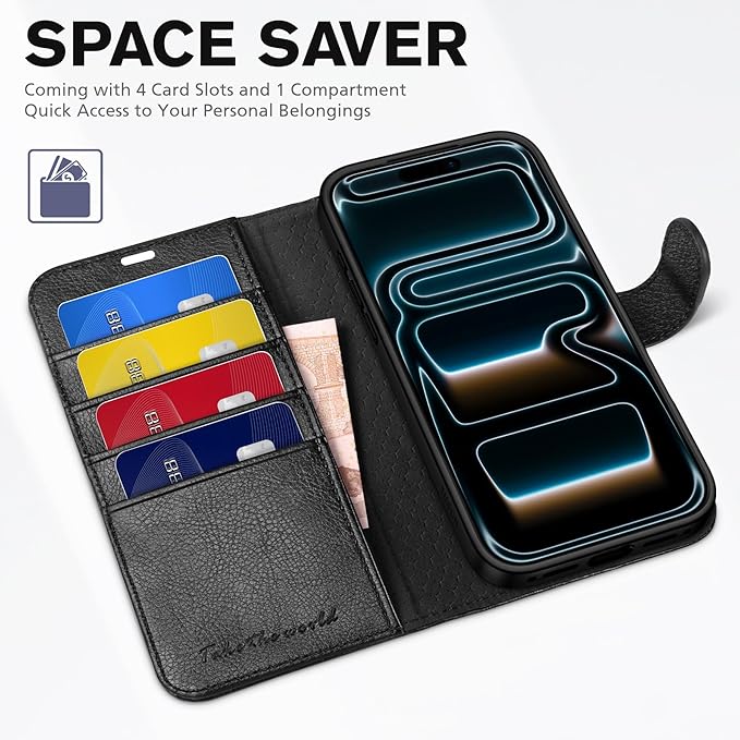 TUCCH Case Wallet for iPhone 17 Pro (6.3-Inch) 2025, RFID Blocking 4 Card Slots, Kickstand, Magnetic Closure, PU Leather, Shockproof TPU Shell, Protective Flip Folio Cover, Textured Black