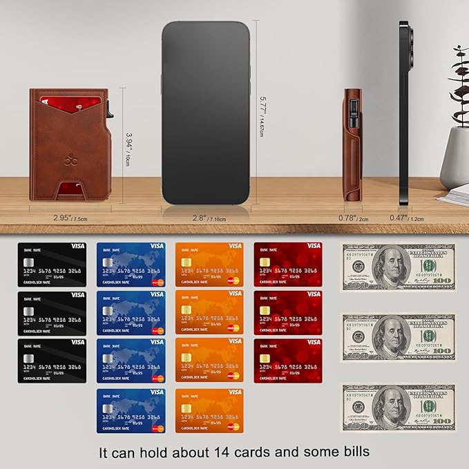 Wallet for Men Wallet with Slim Pop Up Card Holder 9-13 Cards, Bifold Minimalist Smart Wallet RFID Blocking Credit Card Holder with ID Window & Stretchable Cash Slot Compact Metal Aluminum Card Case