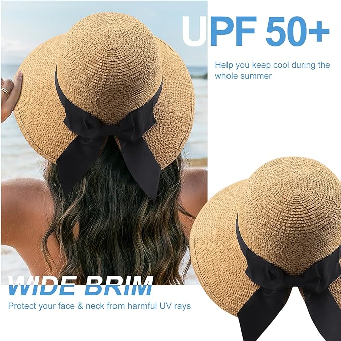 DRESHOW Sun Hats for Women Travel Fedora Foldable Beach Sun Hat Summer Wide Brim Straw Bucket Hat with Bowknot UPF 50+