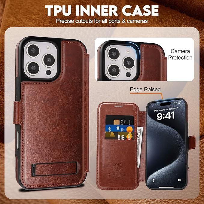 CIVICASE for iPhone 16 Pro Max Wallet Case with Stand,PU Leather Flip Credit Card Holder Slots (RFID Blocking),Compatible with Magsafe Magnetic Holder Phone Cover Women Men,Dark Brown