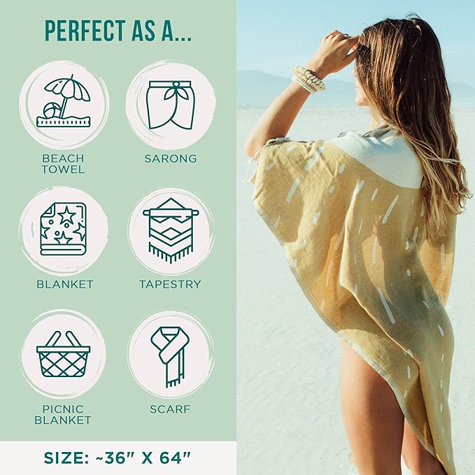 Sand Cloud Turkish Beach Towel - Sand Free - 100% Organic Turkish Cotton Yarn - Quick Dry Towel for Beach, Picnic Blanket or Throw - As Seen on Shark Tank - Sunrise