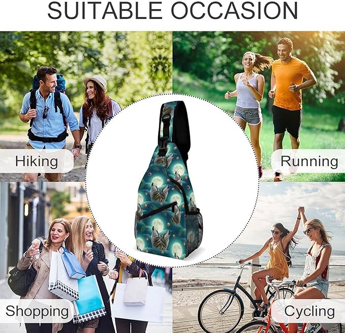 SWEET TANG Polyester Shoulder Sling Bag Multipurpose Casual Sport Daypack Unbalance Backpack with Small Pocket and Smooth Zipper, Howling Moon Wolf