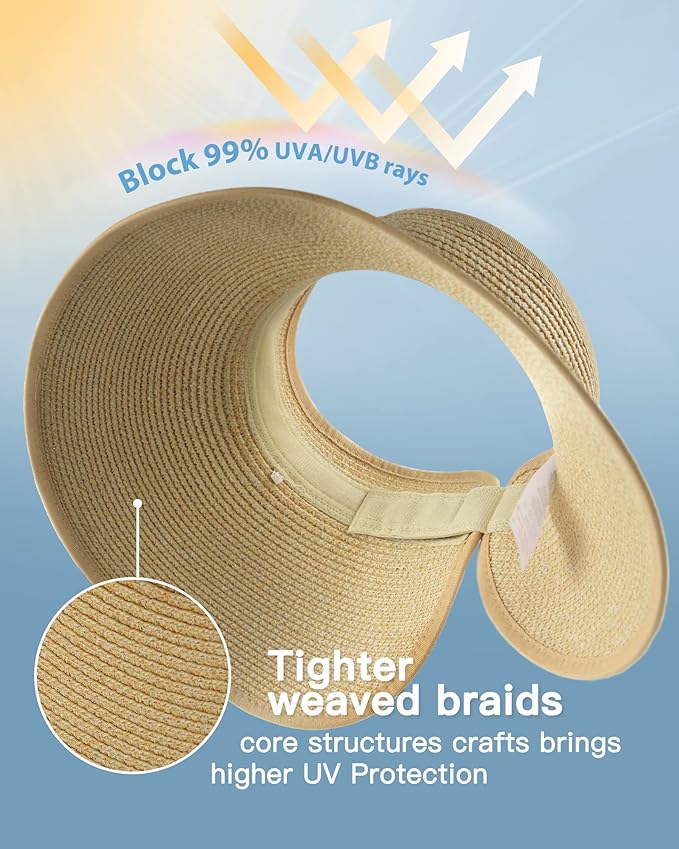 FURTALK Sun Hats for Women Wide Brim Beach Hat Straw Visor Ponytail Summer UV Packable Foldable Beach Vacation Essentials