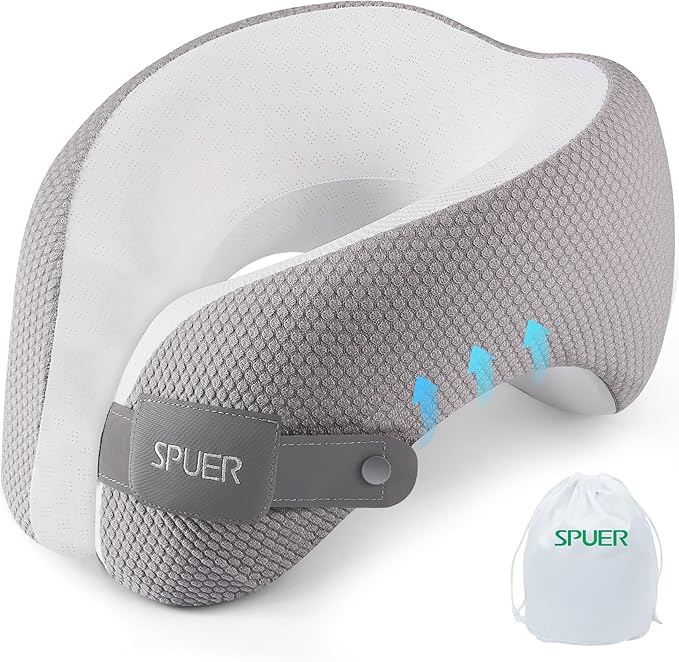 2in1 Ergonomic Memory Foam Travel Neck Pillow – Travel Pillow for All Sleep Positions on Flights, Road Trips, and Long Distance Travel with Drawstring Bag (Adjustable - Gray and White)