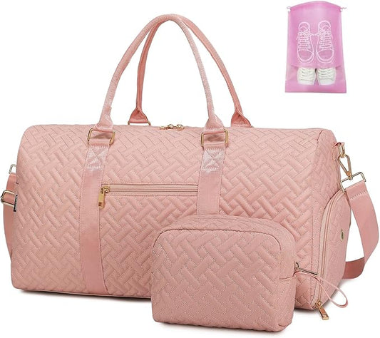 Duffle Bag for Travel, Weekender Bag with Shoe Compartment, Carry On Overnight Bag for Women with Toiletry Bag, Gym Bag with Wet Pocket, Hospital Bags for Labor and Delivery Beige