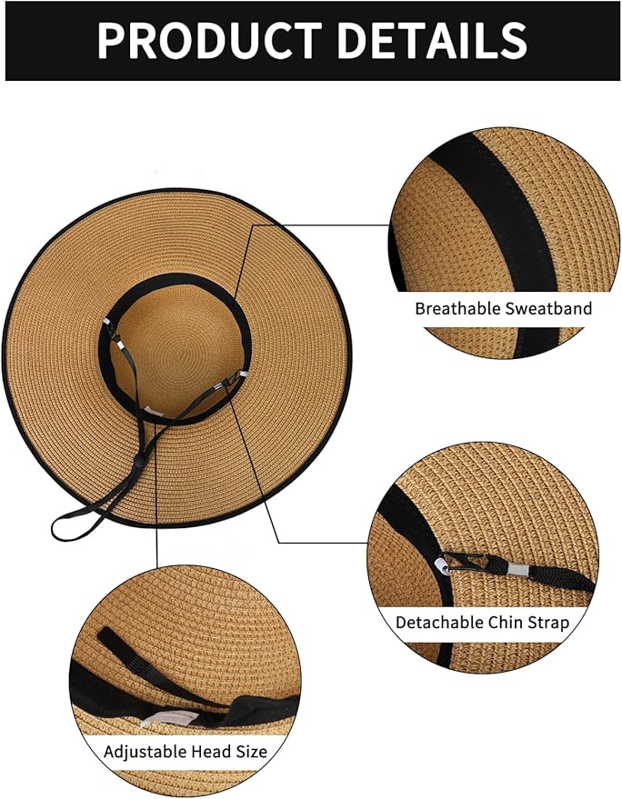 Senker Fashion Sun Hats for Women, Wide Brim Floppy Beach Straw Hat for Summer Travel Vacation Foldable with Sunglasses