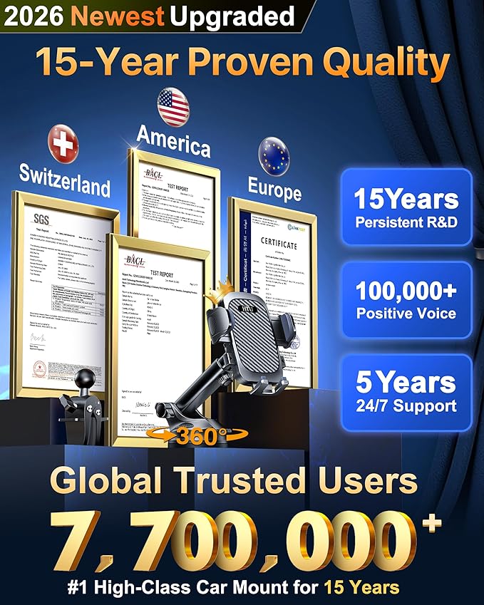 2026 Ultimate Best【True Military-Grade & Safety Cert】Car Phone Holder HTU【Upgraded 5-in-1 & 100+LBS Strongest Suction】360 Rotation Truck Windshield Dashboard Vent Mount Stand for iPhone Android, Black