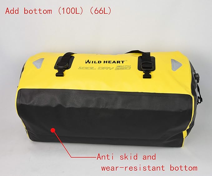 WILD HEART Waterproof Motorcycle Duffel Bag PVC500D Double-bottom With Rope Straps and Inner Pocket 40L 66L 100L for Kayaking, Camping, Boating,Motorcycle
