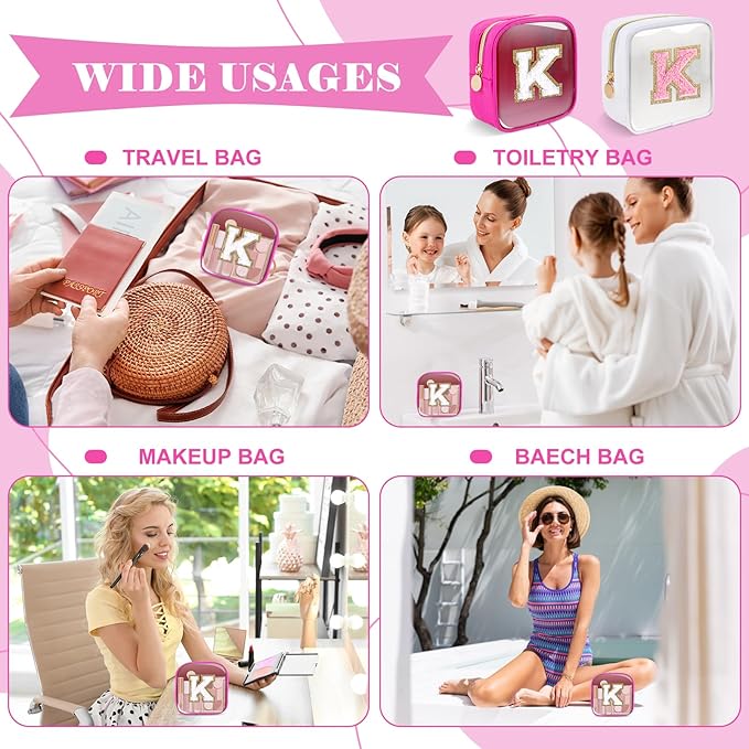 Personalized Initial Letter Clear Preppy Makeup Bag,Mini Nylon Chenille Letter Cosmetic Bag Cute Zipper Pouch Coin Purse for Teen Girls,Portable TSA Approved Travel Essentials Bag Gift for Women,K