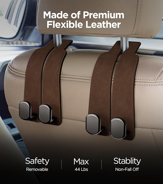 AMINOR 2 Pack Car Seats Hooks for Headrest, 2-in-1 Premium Leather Car Headrest Hanger with Metal Hooks, Car Seat Back Storage Hooks for Purses, Handbags, Phone (Brown)