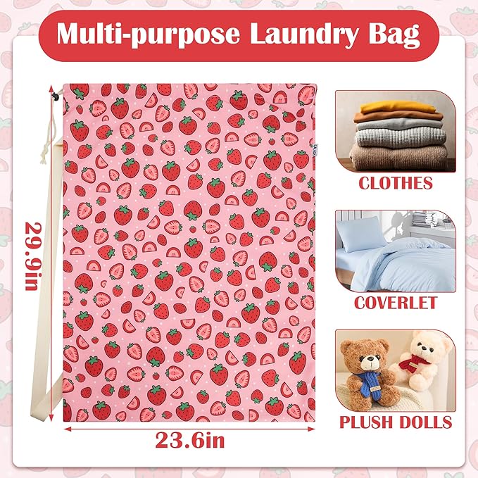 Canvas Laundry Bag with shoulder Strap 24" x 29", Large Drawstring Dirty Clothes Bag Washable Laundry Sack for College Dorm, Travel, Home, Camp (Strawberry)