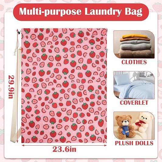 Canvas Laundry Bag with shoulder Strap 24" x 29", Large Drawstring Dirty Clothes Bag Washable Laundry Sack for College Dorm, Travel, Home, Camp (Strawberry)
