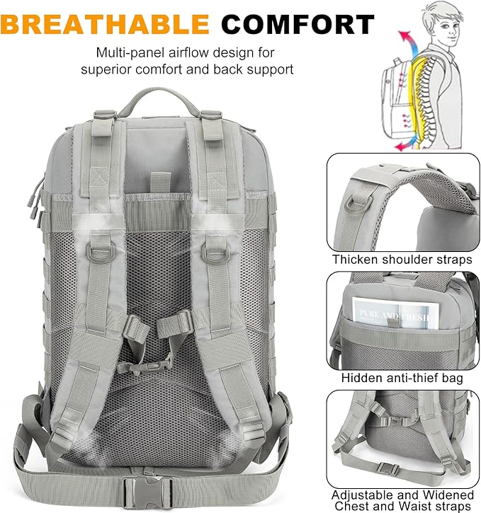 Tactical Backpack 45L Military Rucksack, Water Resistant MOLLE Assault Pack, Large 3 Day Bug Out Bag for Men & Women, Durable Outdoor Gear for Hiking, Camping, Hunting, Travel (Grey)