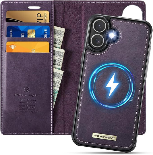 PlusnapX Wallet Case for iPhone 17 Compatible with Magsafe, 2-in-1 PU Leather Flip RFID Blocking Card Holder Stand Shockproof Magnetic Detachable Cover for iPhone 17 Case 6.3", Retro Purple