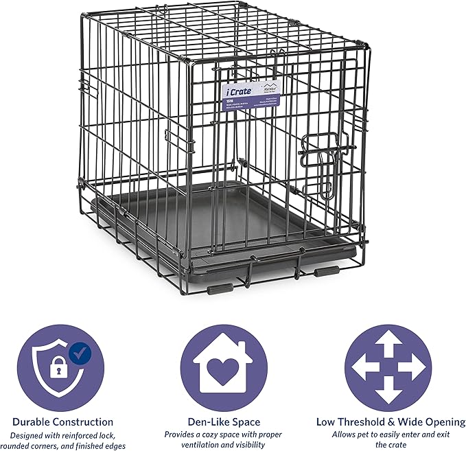 Midwest Homes for Pets 18-Inch iCrate Folding Dog Crate with Divider Panel, Leak-Proof Tray & Secure Latches – Metal Wire Kennel for Tiny Breeds – Portable, Durable & Easy to Assemble
